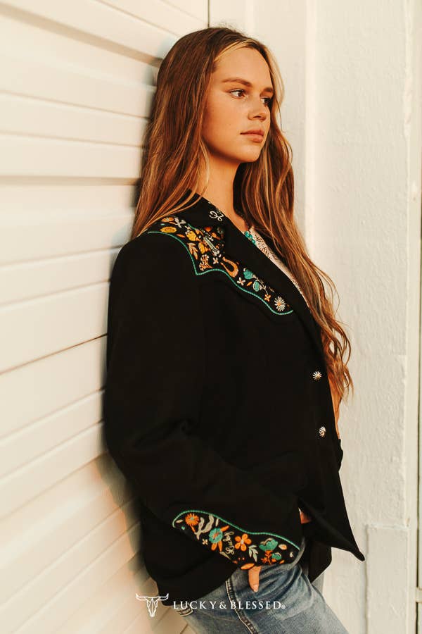 Black Sued Embroidered Yoke Blazer - S-3XL