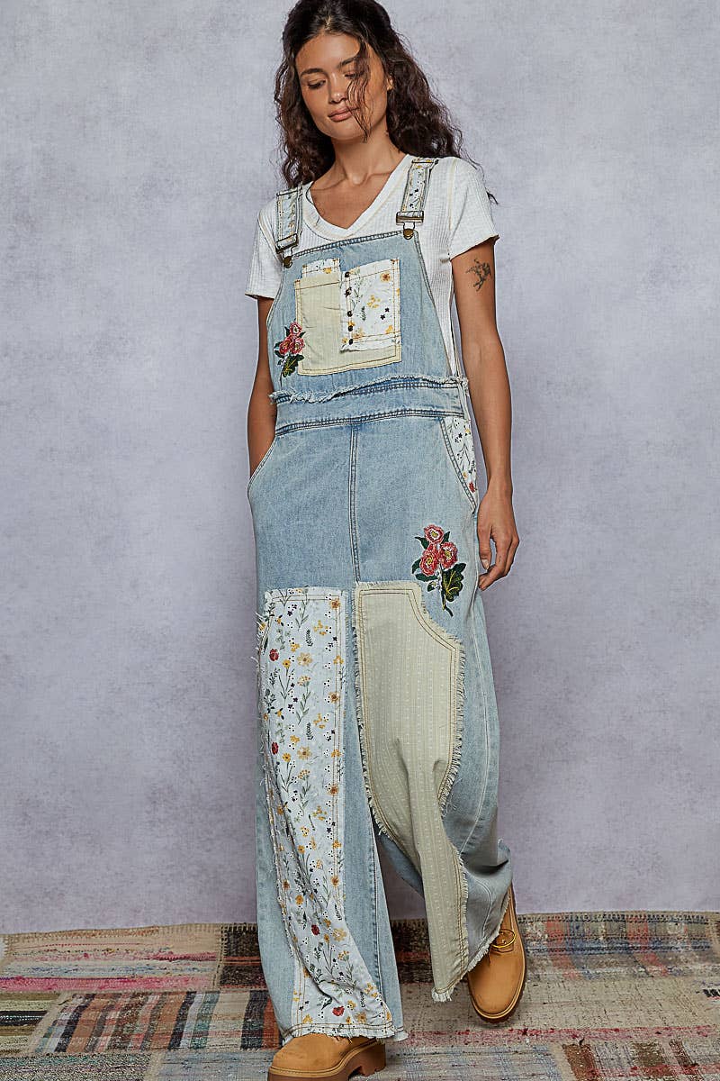 Pol Clothing Floral Patchwork Embroidery Overall