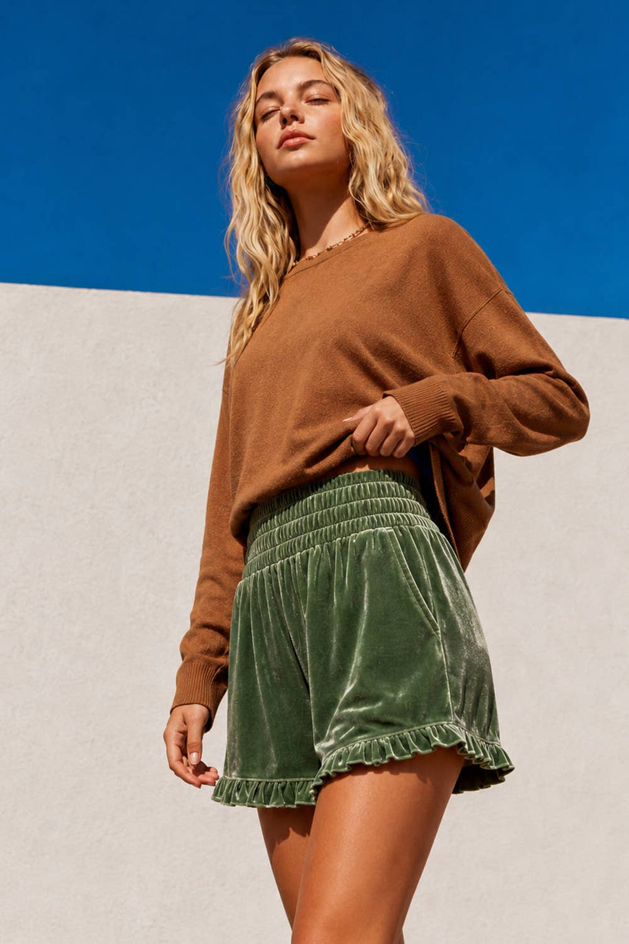 High-Waist Ruffle Velour Shorts