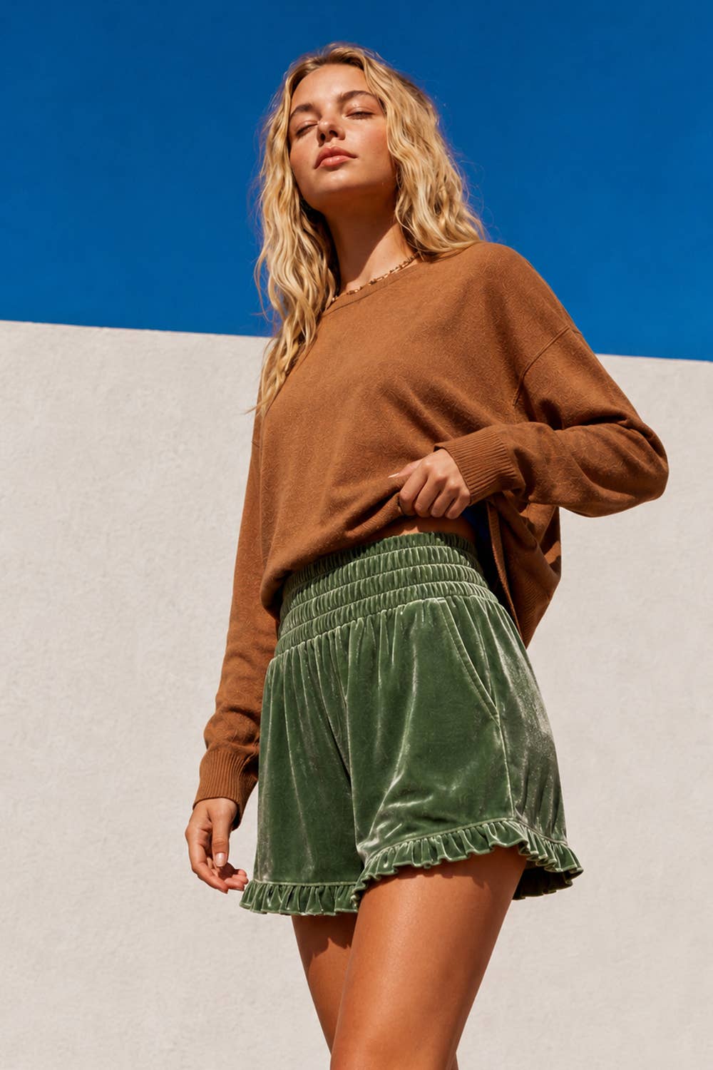 High-Waist Ruffle Velour Shorts