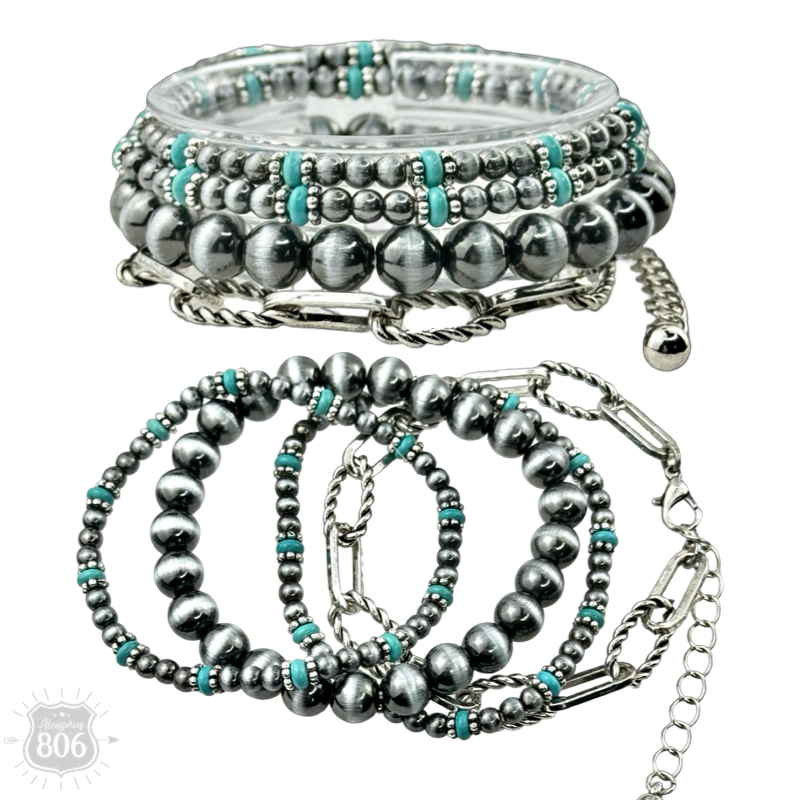 Western burnished pearl bead & chain bracelet set