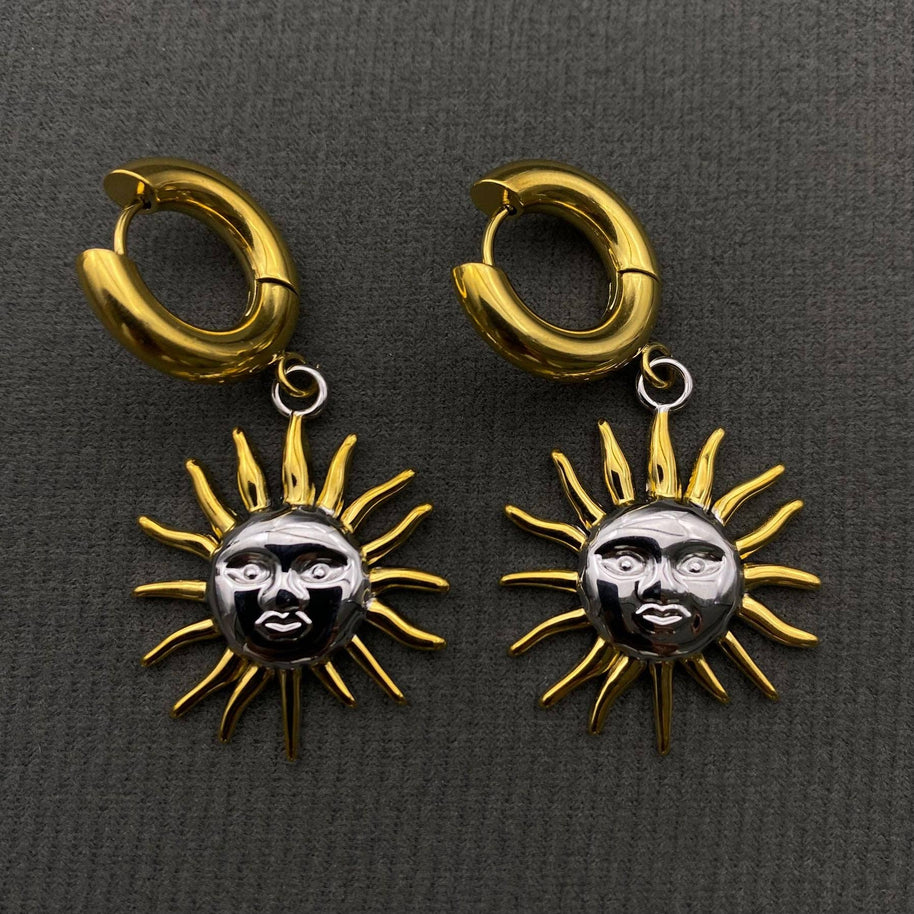 18K GP S.Steel Sun Charm Huggie Earrings