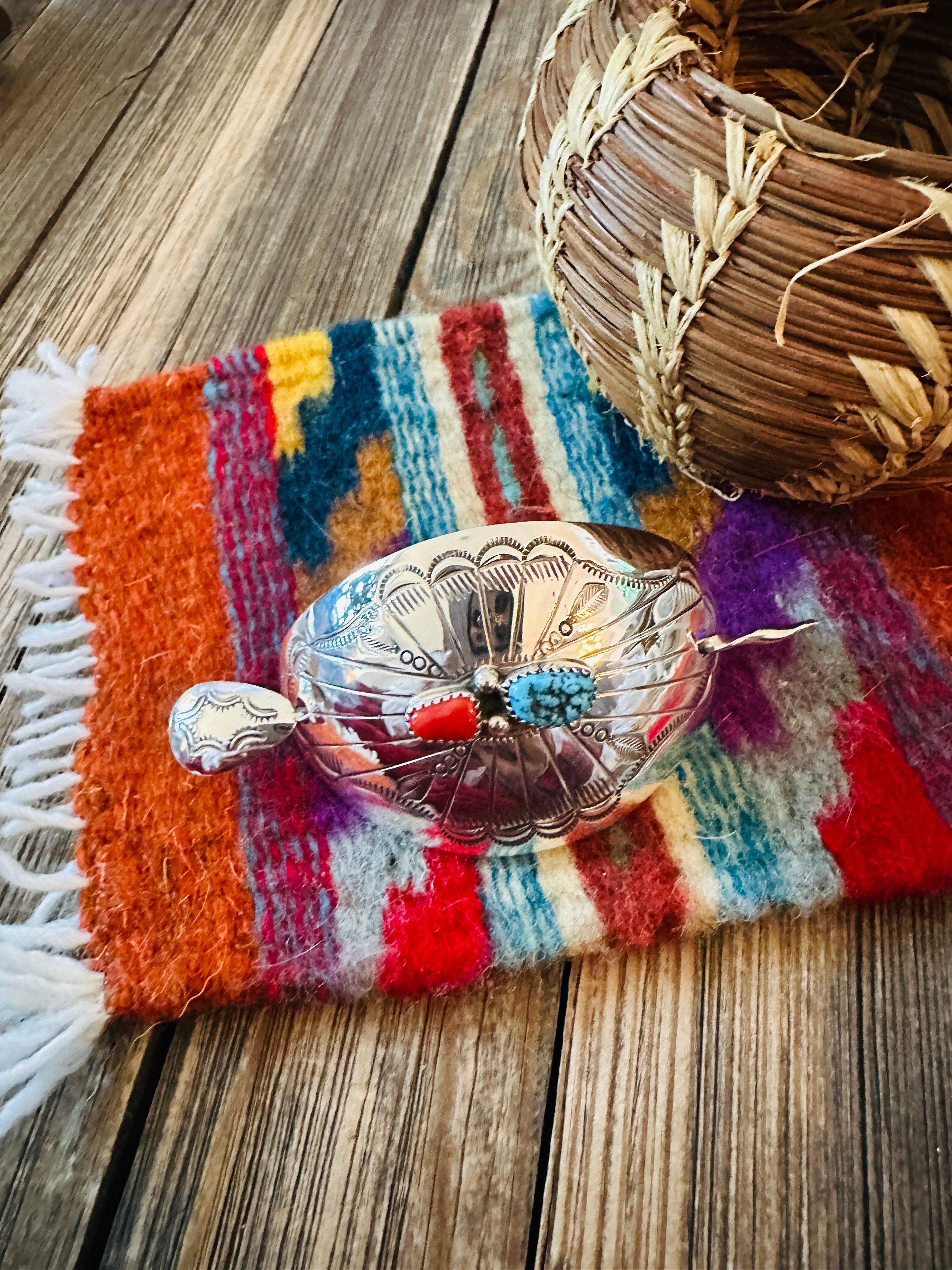 Handcrafted Turquoise, Coral & Sterling Silver Concho Hair Pin