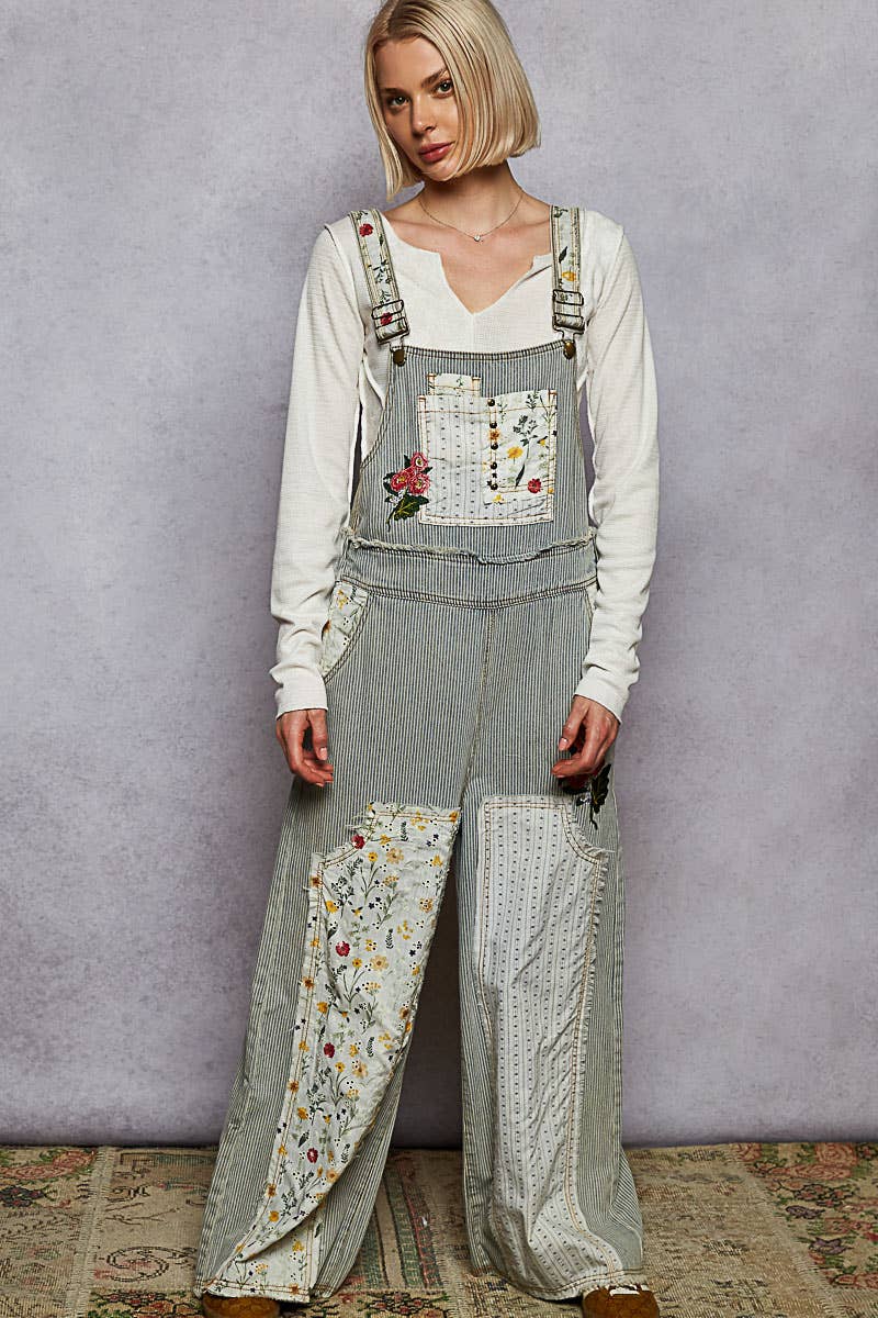 Pol Clothing Floral Patchwork Embroidery Overall