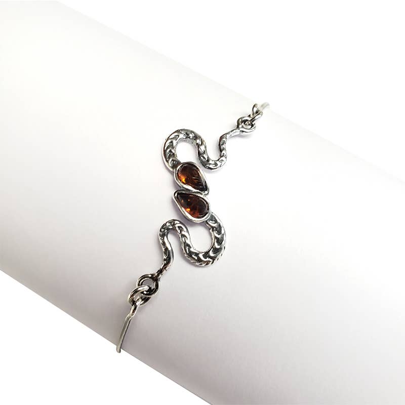 Cognac Amber Sterling Silver Snake Bracelet