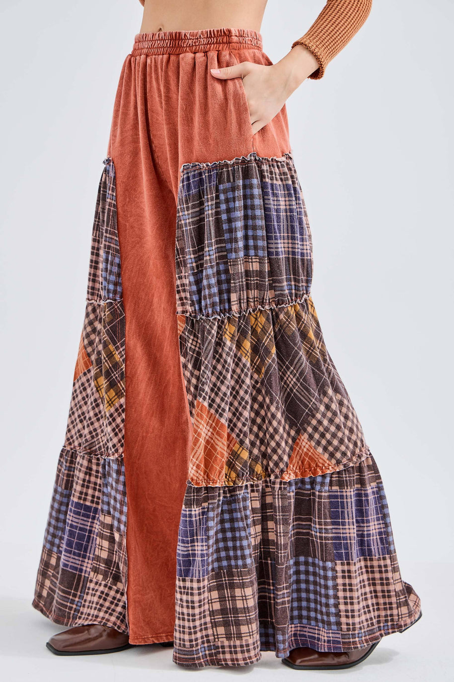 Mineral Washed Tiered Plaid Wide Flare pants HP6675