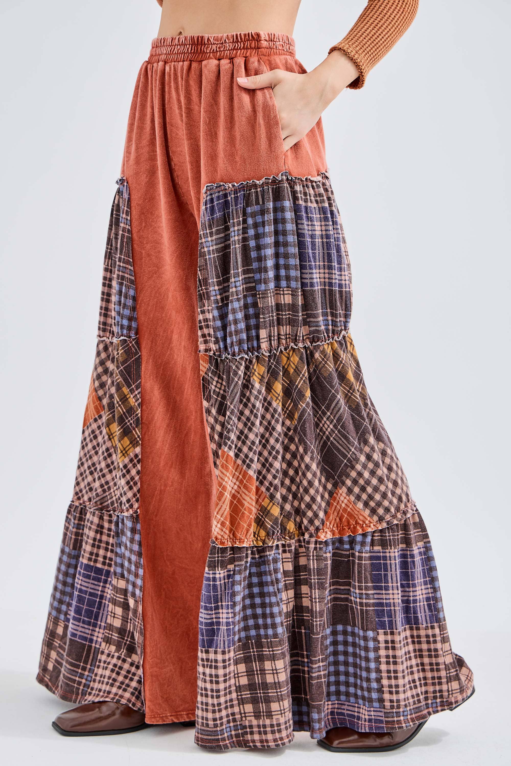 Mineral Washed Tiered Plaid Wide Flare pants HP6675