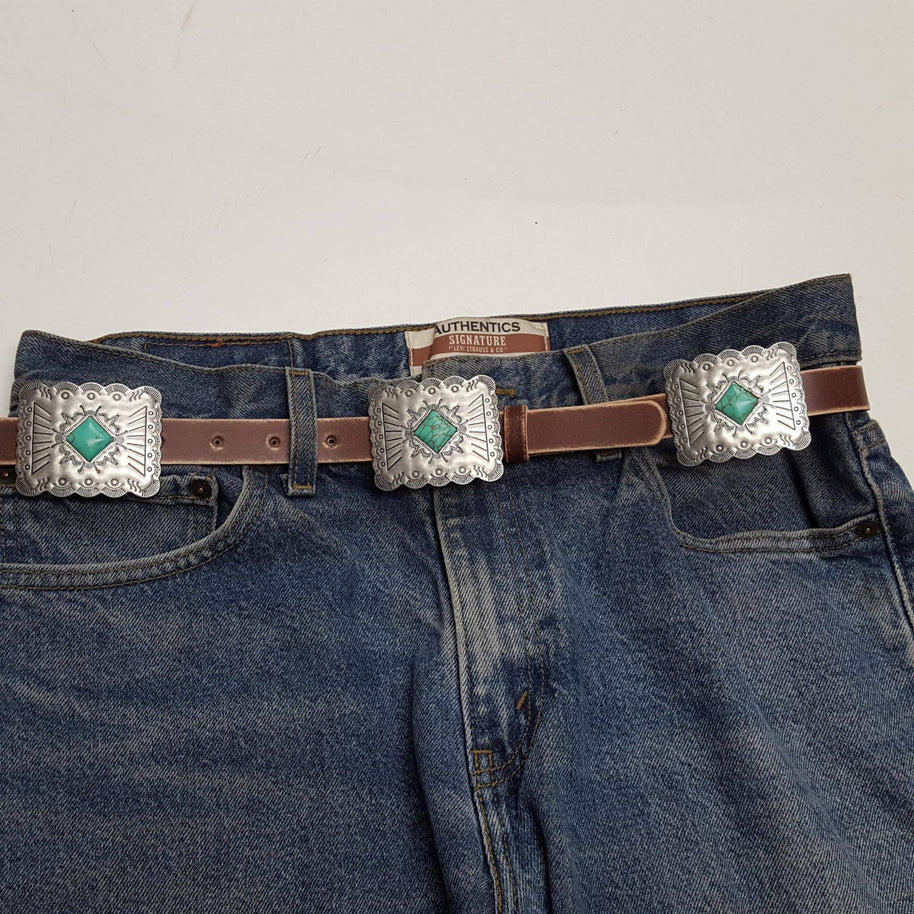 Distressed Leather Belt with Rectangle Conchos