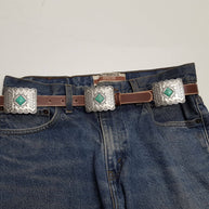 Distressed Leather Belt with Rectangle Conchos