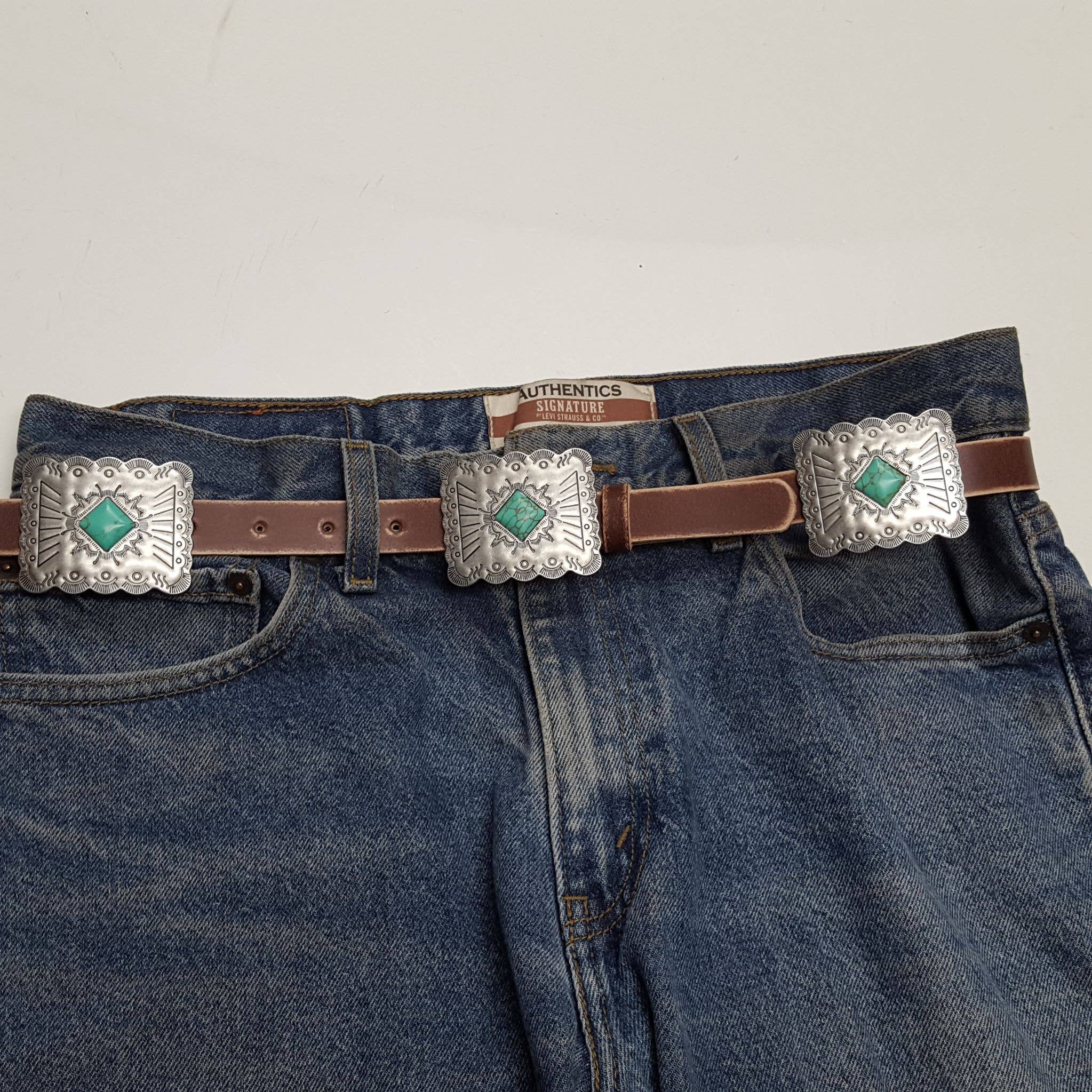 Distressed Leather Belt with Rectangle Conchos
