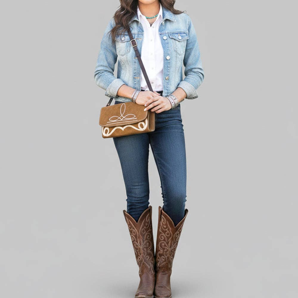 Western Clutch Crossbody Bag with White Rope Stitch Embroidery