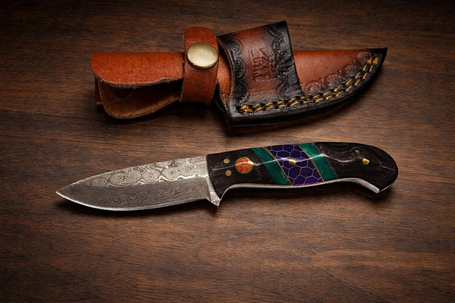 Damascus Drop Point Utility Tool | Dark Wood, Green Resin & Purple Honeycomb Handle