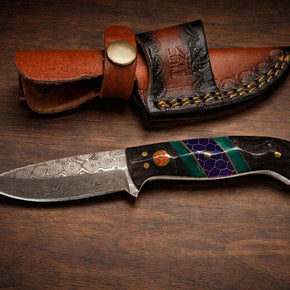 Damascus Drop Point Utility Tool | Dark Wood, Green Resin & Purple Honeycomb Handle
