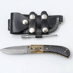 Hand-Engraved Damascus Folding Knife with Honeycomb Handle
