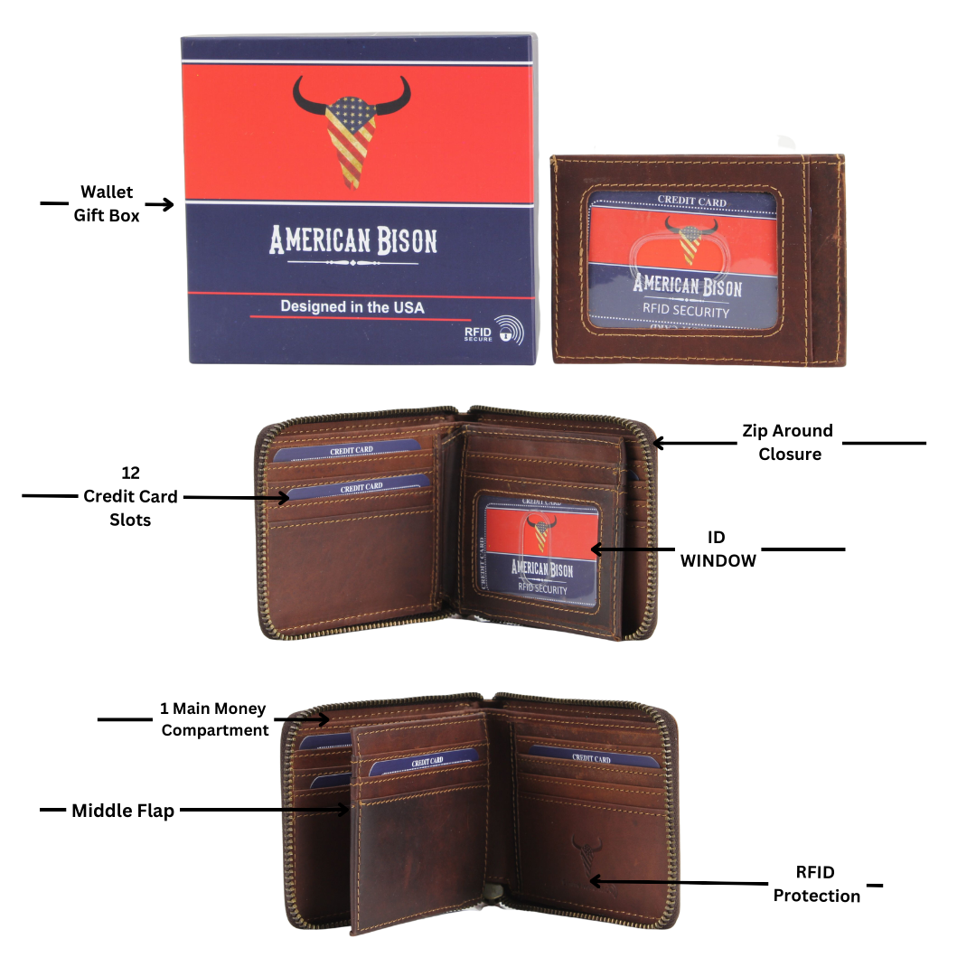 American Bison RFID Leather Zip Around Bi Fold Wallet