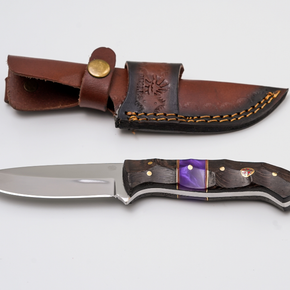 Hand-Forged Satin Finish Hunter Knife, Purple Pearl Resin & Textured Wood