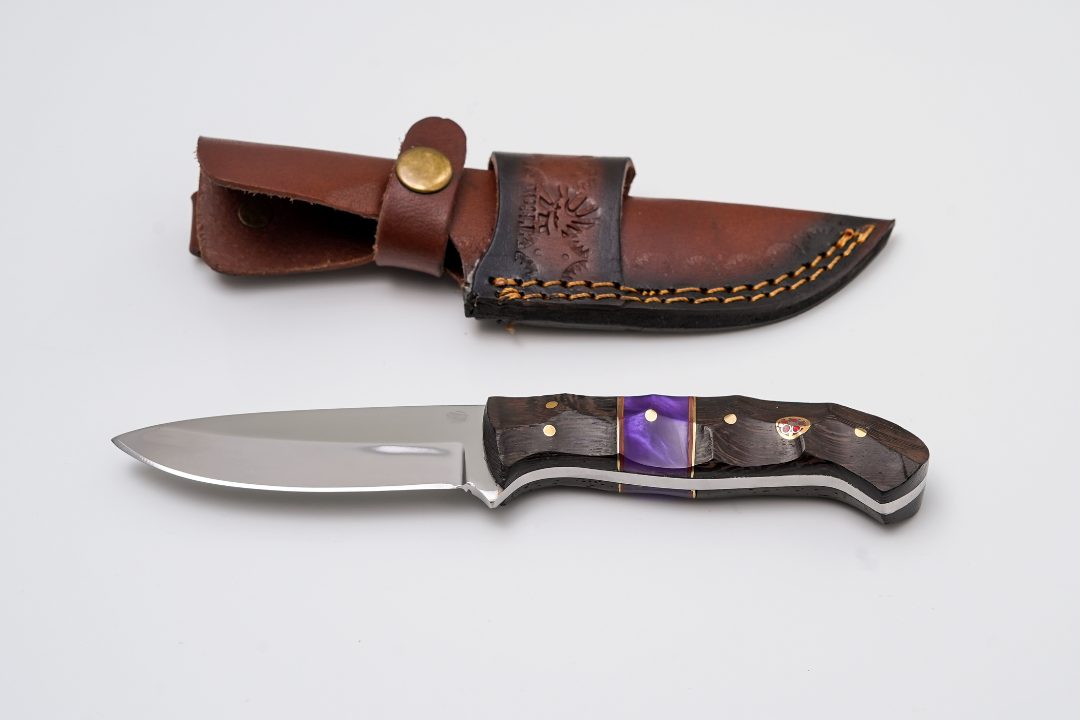 Hand-Forged Satin Finish Hunter Knife, Purple Pearl Resin & Textured Wood