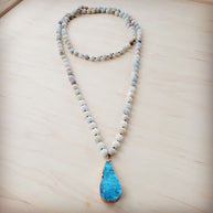 Frosted Amazonite Long Beaded Necklace with Agate Pendant 260o