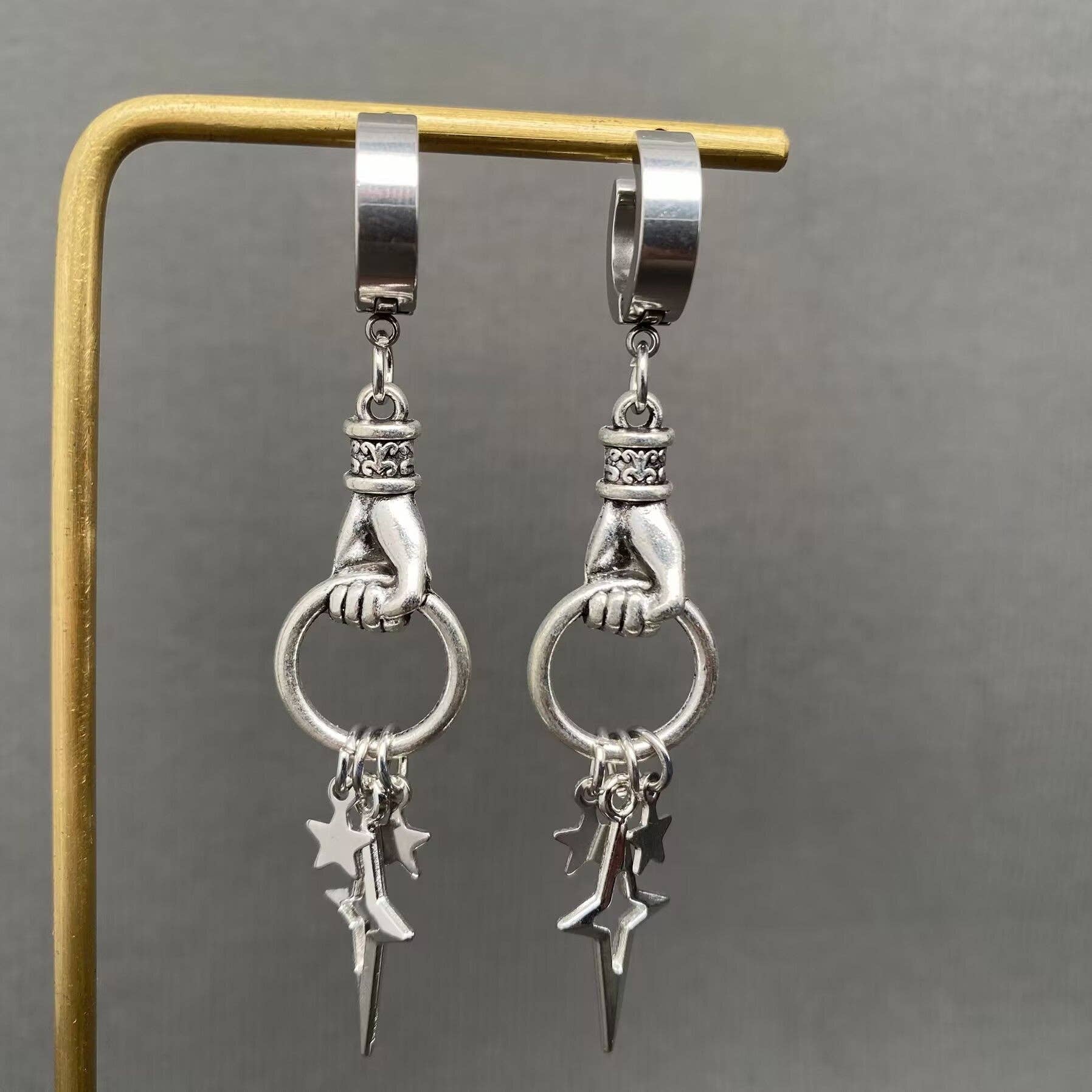 Gothic Hand Catch Star Huggie Earrings