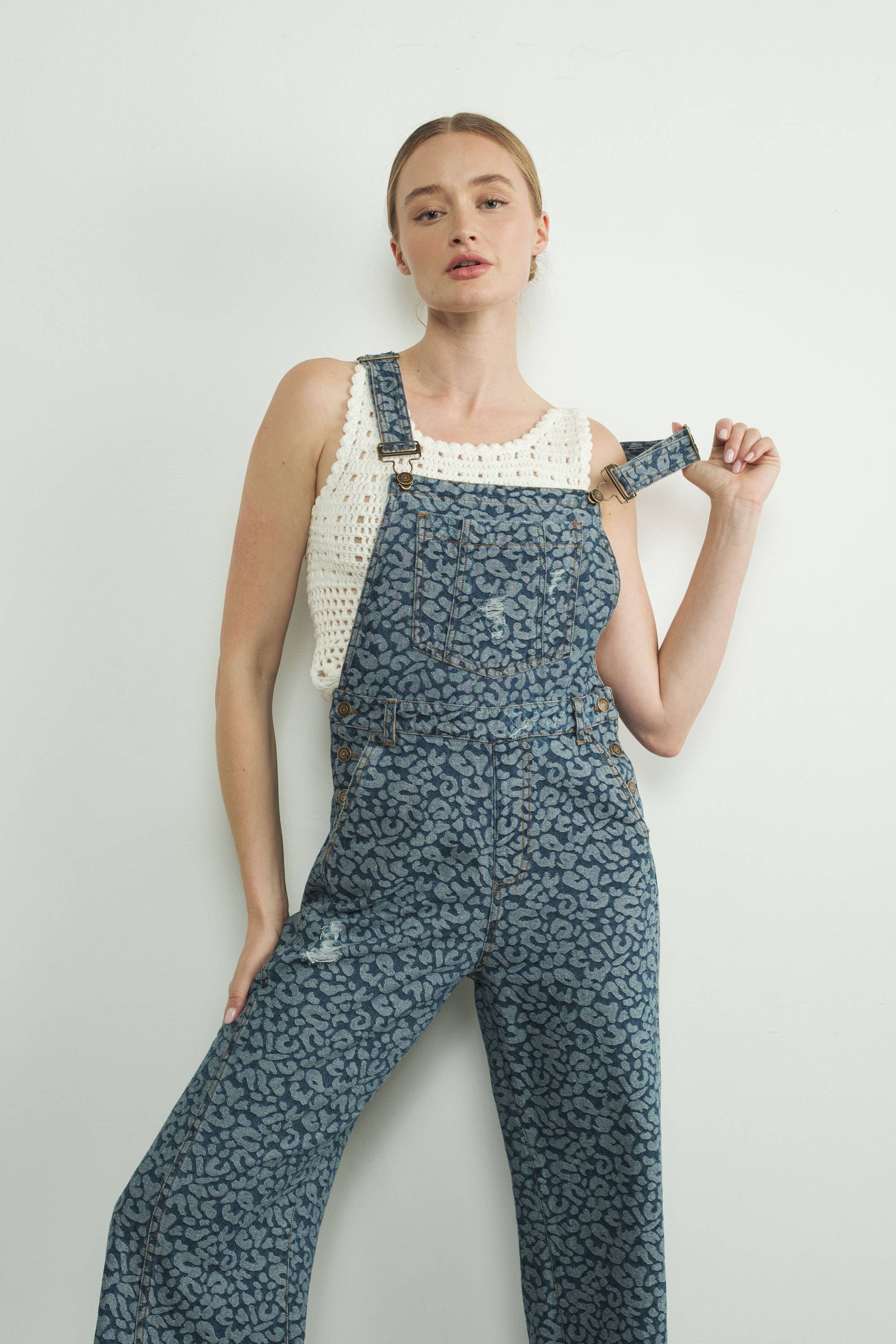 Animal Print Wide Leg Denim Overalls