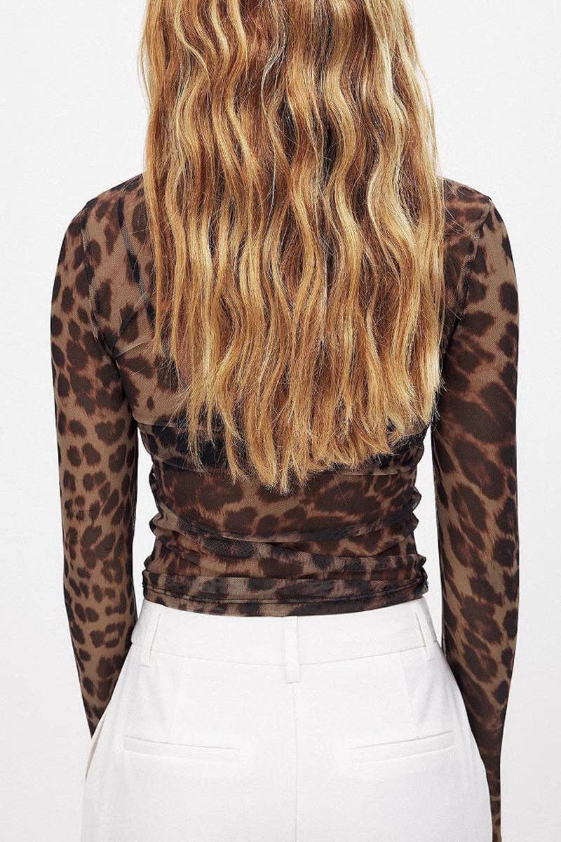 Leopard Print Mesh Long Sleeve Top