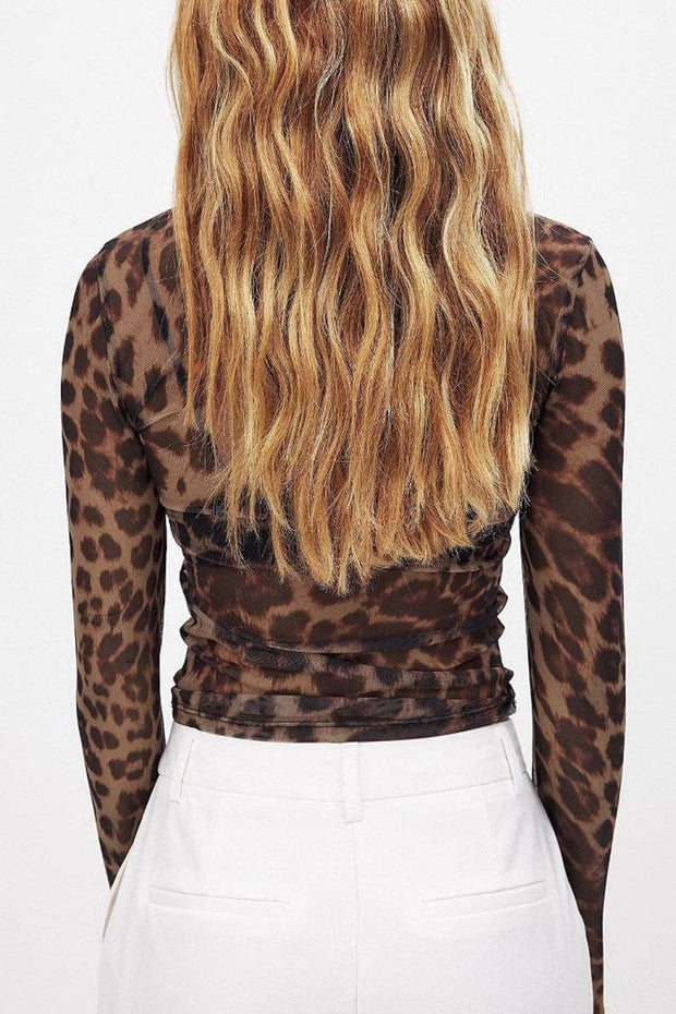 Leopard Print Mesh Long Sleeve Top