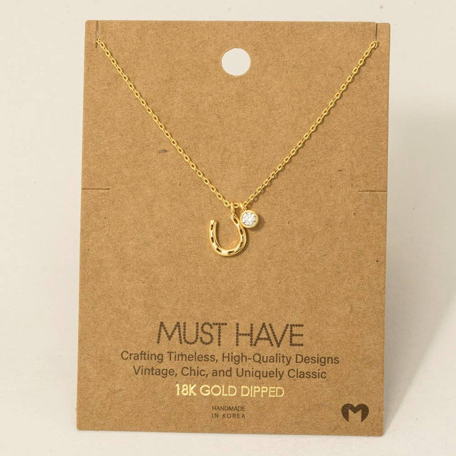 Gold Dipped Horse Shoe And Cz Charm Necklace