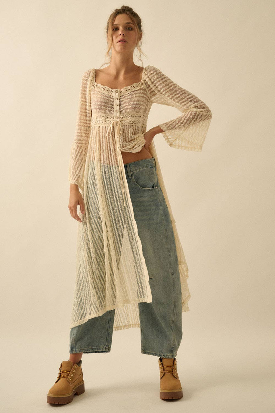 Sheer Layering Midi Dress/Duster, Natural