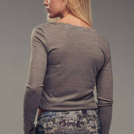 Lace Trim Button-Front Ribbed Knit Top