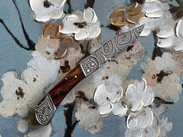 Damascus Walnut Wood Pocket Knife