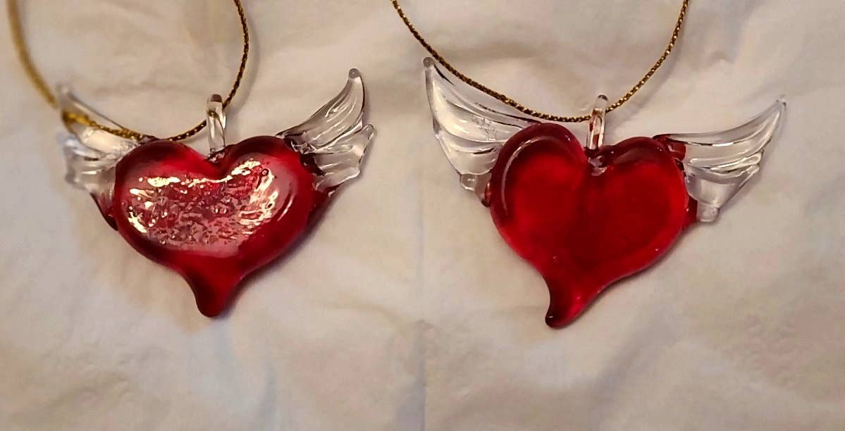 Hand-blown winged heart ornament