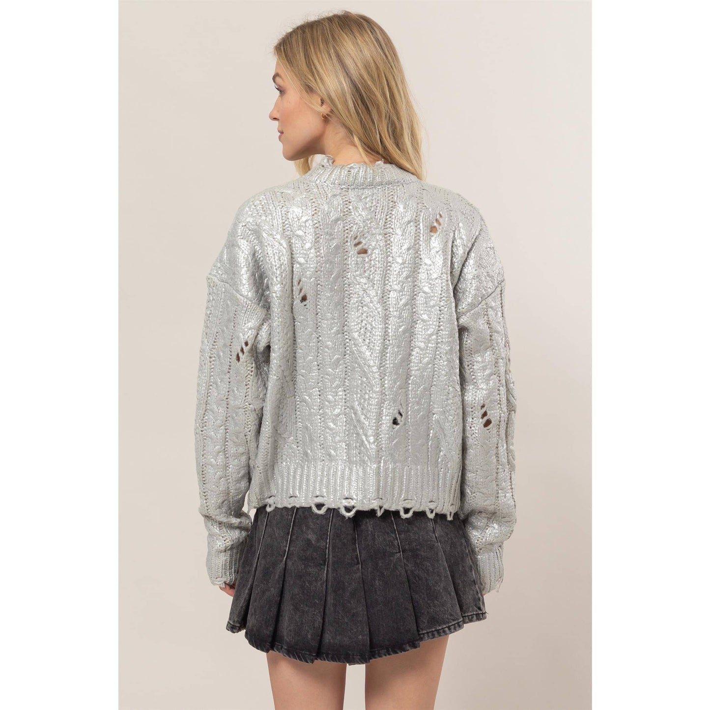 Metallic Foil Cable Knit Sweater