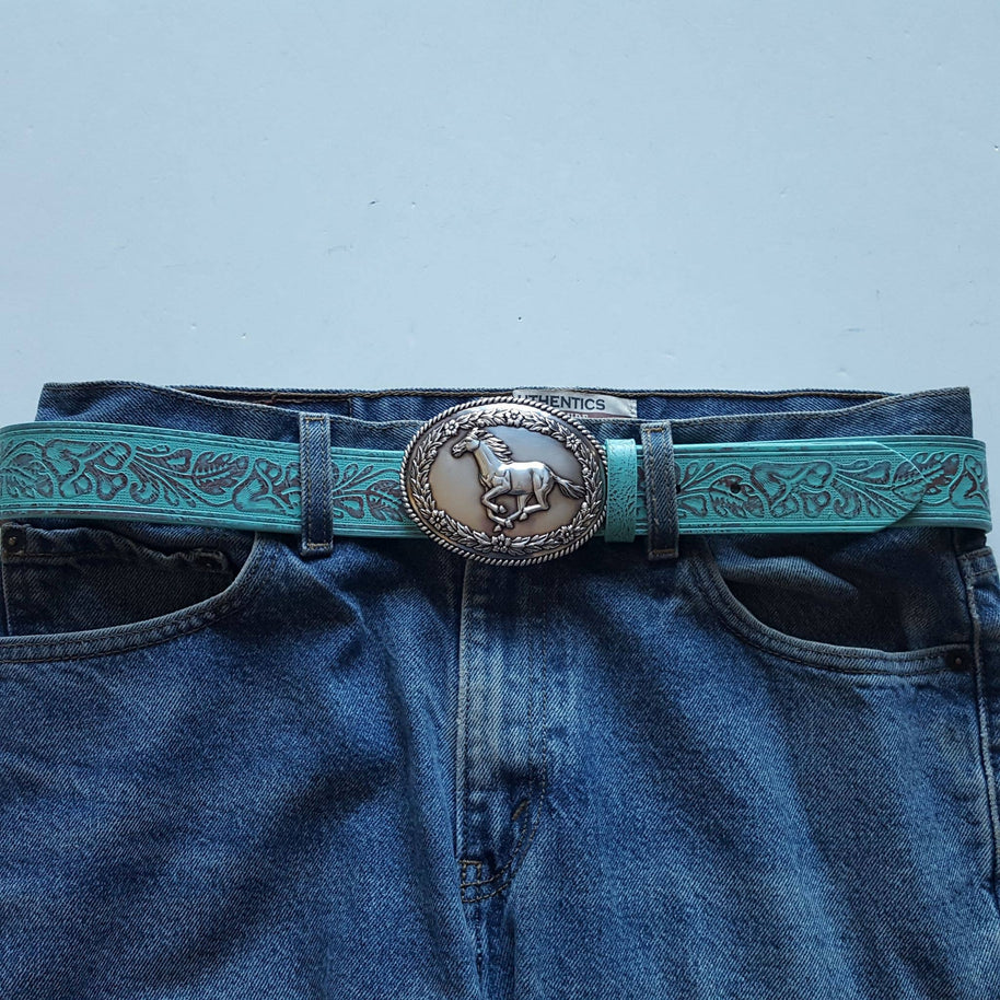 Silver Western Galloping Horse w. floral tooled belt