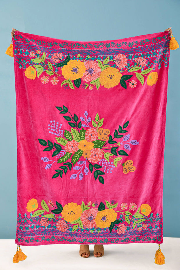 Fuschia Velvet Embroidered Throw, 44X60"