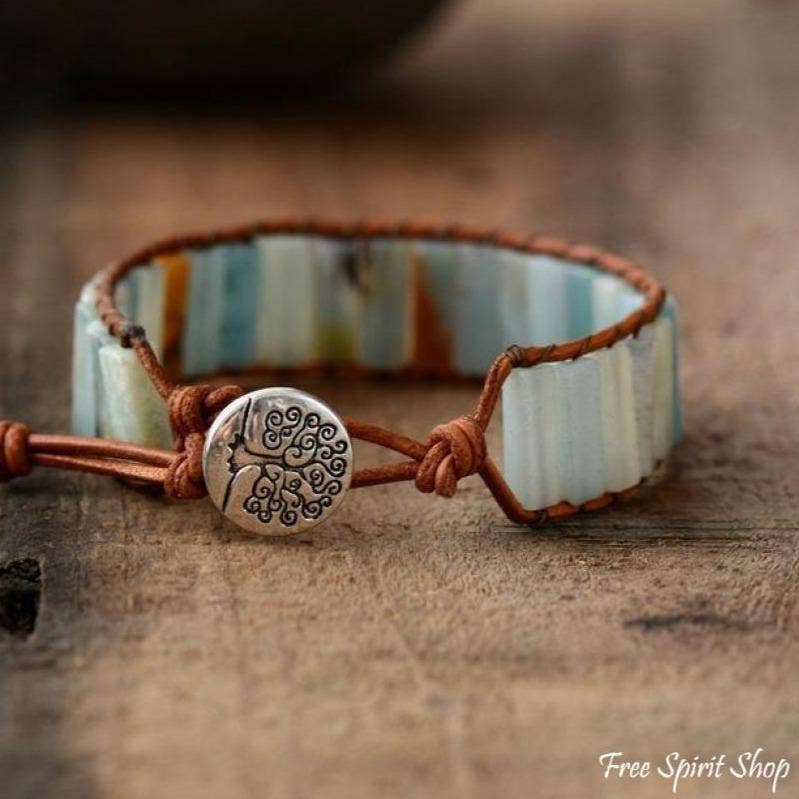 Natural  Amazonite Stone & Leather Tree Of Life Bracelet