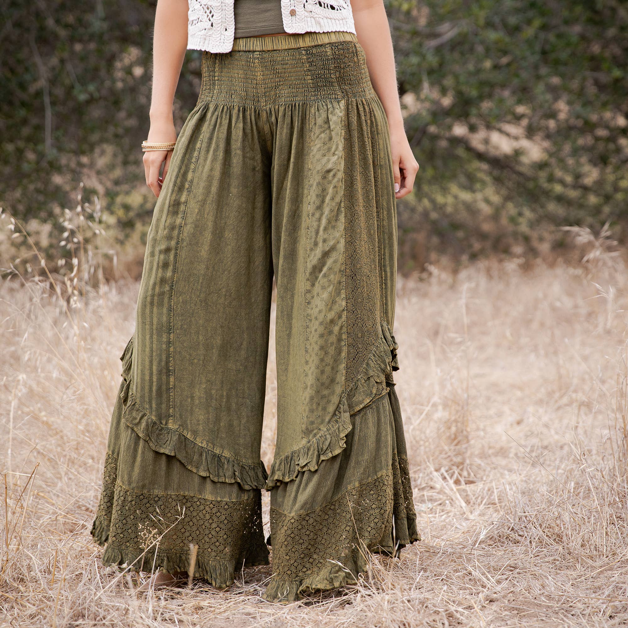 Mineral Wash Lace Tiered Ruffle Pants