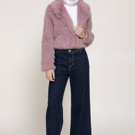 Long Sleeve Notched Collar Faux Fur Cropped Jacket