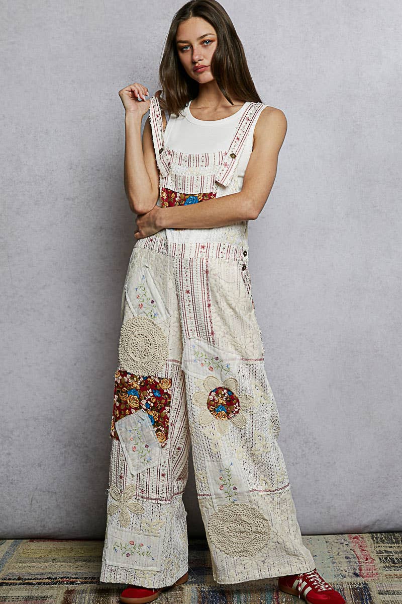 Floral Patchwork Woven Overalls