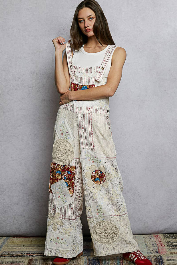 Floral Patchwork Woven Overalls