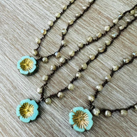 Golden Aqua Crystal Flower Crocheted Necklace