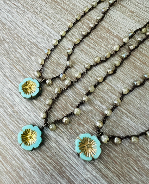 Golden Aqua Crystal Flower Crocheted Necklace
