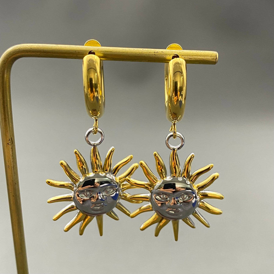 18K GP S.Steel Sun Charm Huggie Earrings