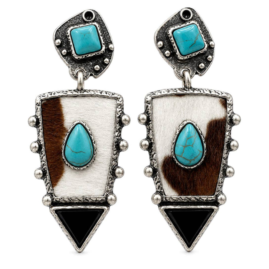 Turquoise Stone Cowhide Geometric Earrings