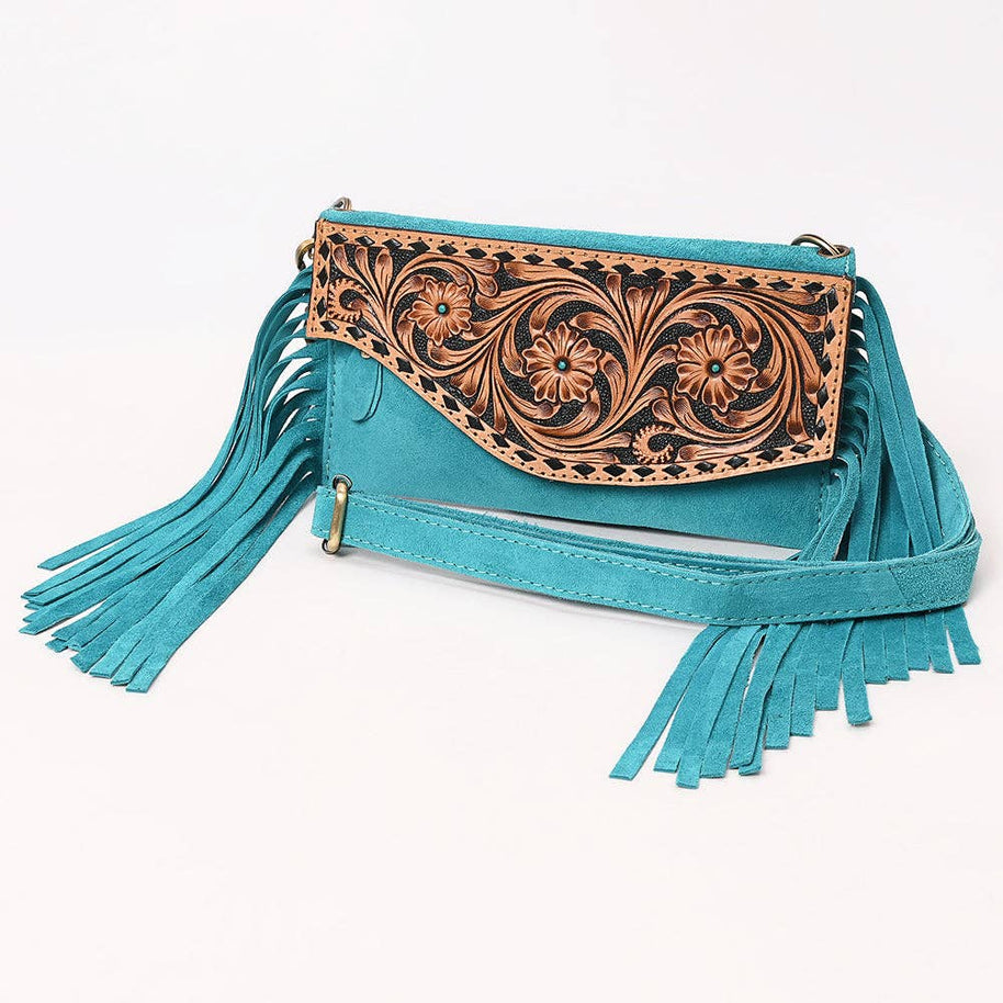 Suede Fringe & Tooled Leather Crossbody, Turquoise