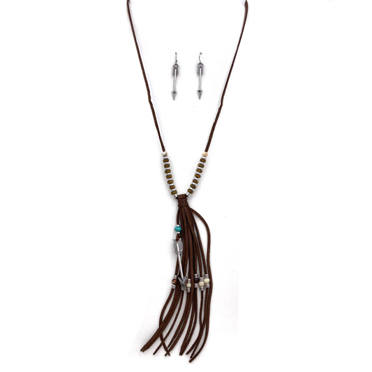 Western Native Arrow Beads Long Suede Necklace