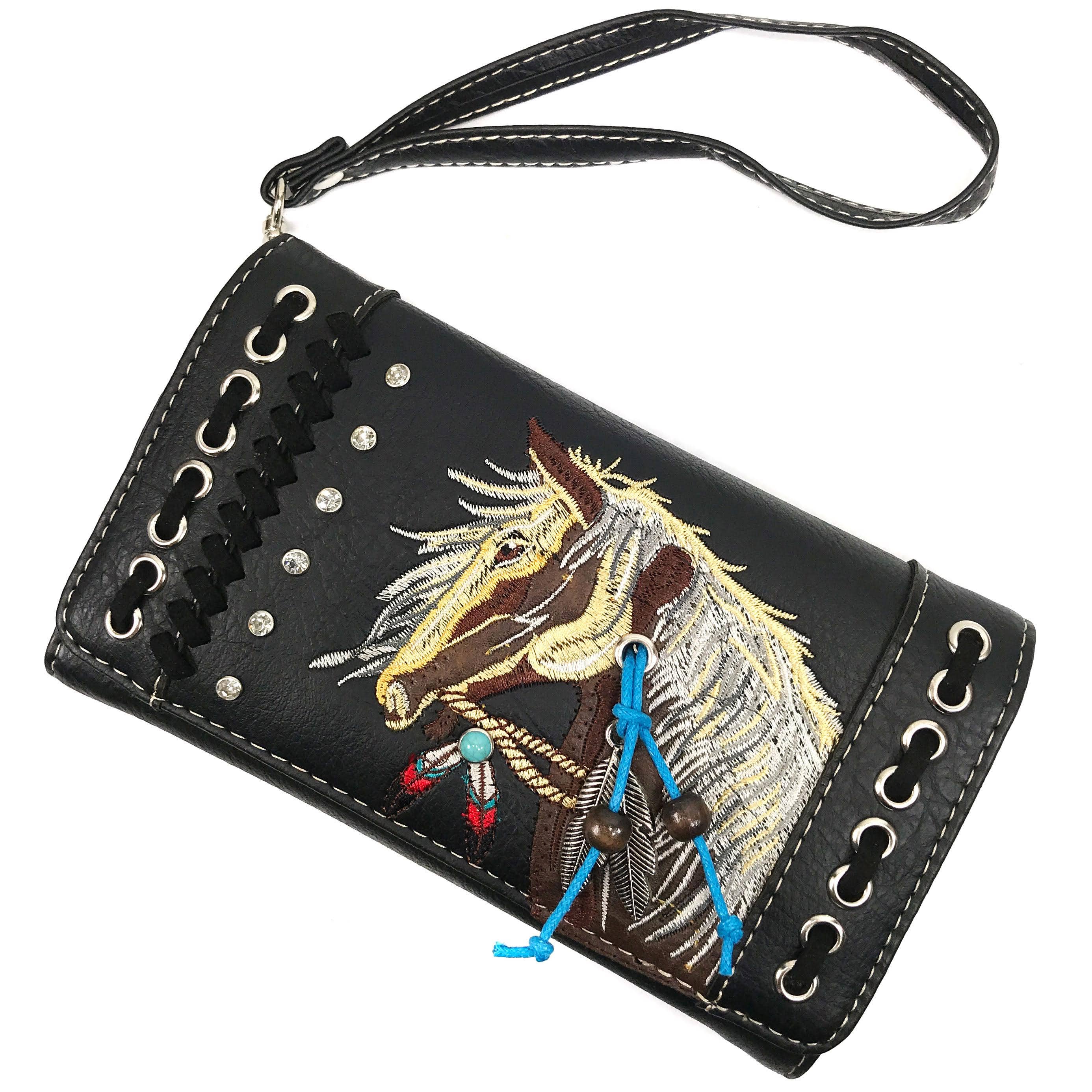 Horse Embroidery Western Crossbody Wristlet Wallet