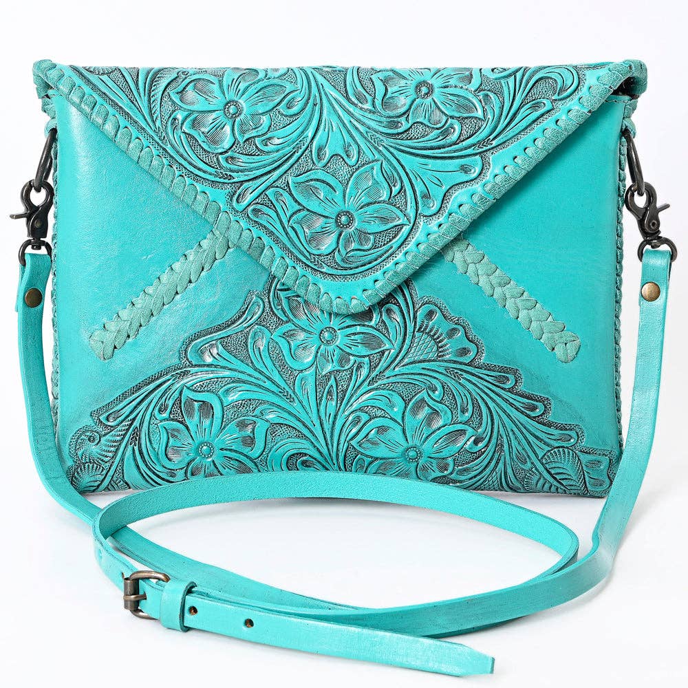 Hand-Tooled Floral Leather Envelope Purse, Multiple Colors