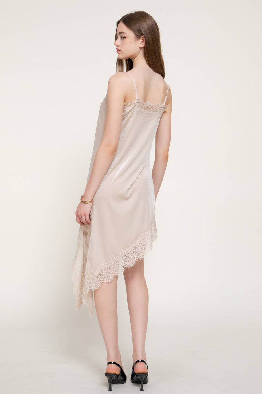 Straight Neck Lace Trim Asymmetrical Velvet Mini Dress