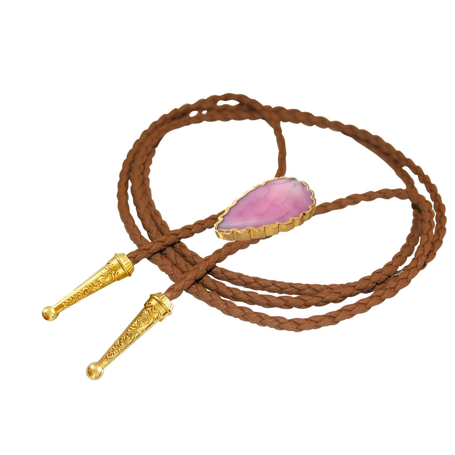 Gemstone Bolo Tie - Pink Opal (Gold)