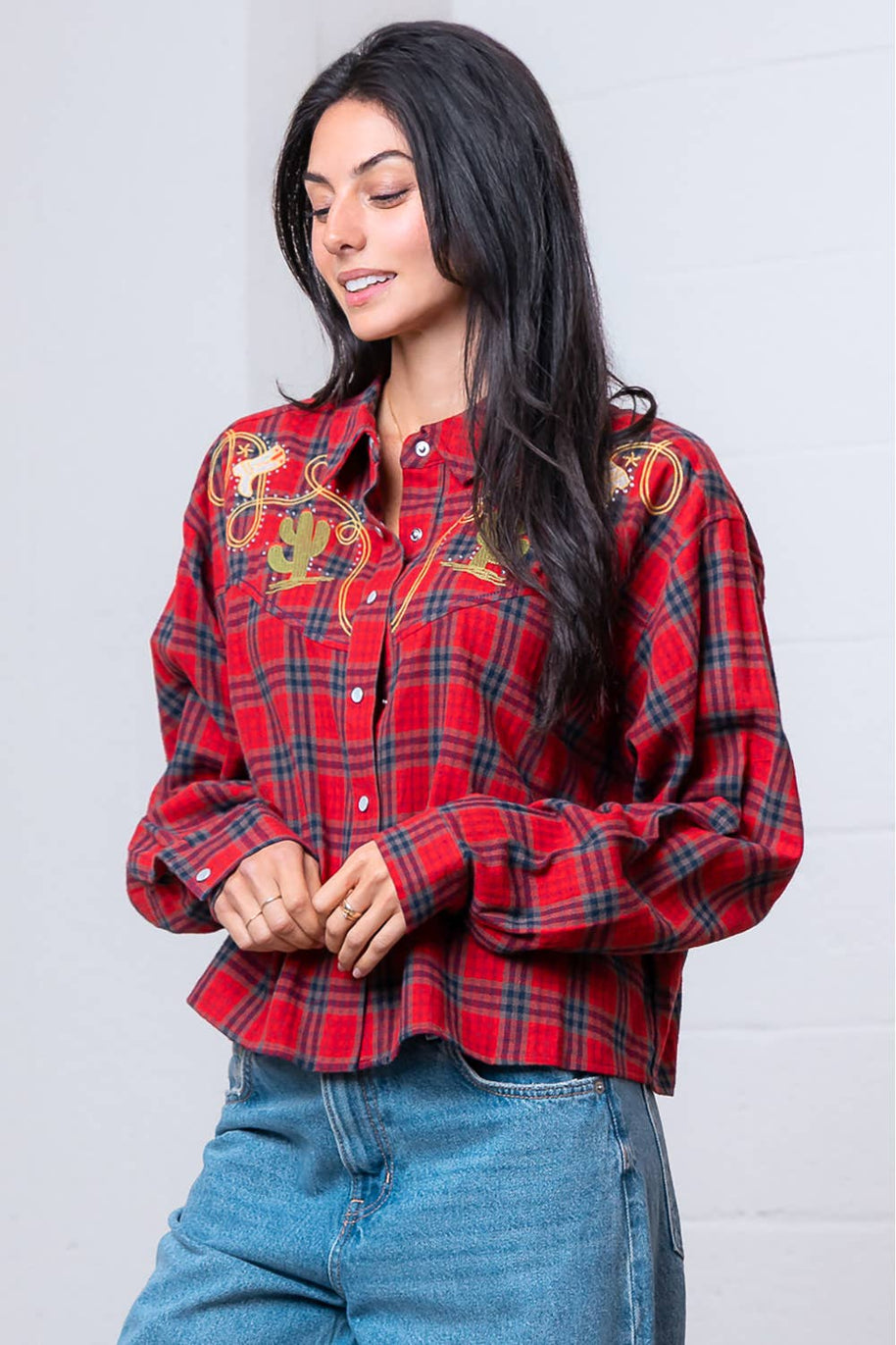 Red Western Plaid Shirt with Embroidery